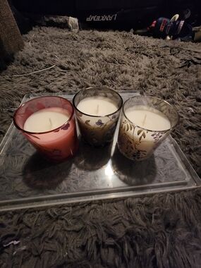Set of 3 Decorative Glass Scented Candles - Red, Brown, Cream - Unbranded